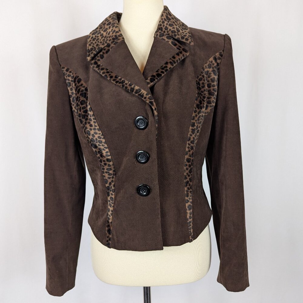 Gantos Brown Faux Suede Leopard Print Vintage 90s Blazer Jacket Made USA Sz 10